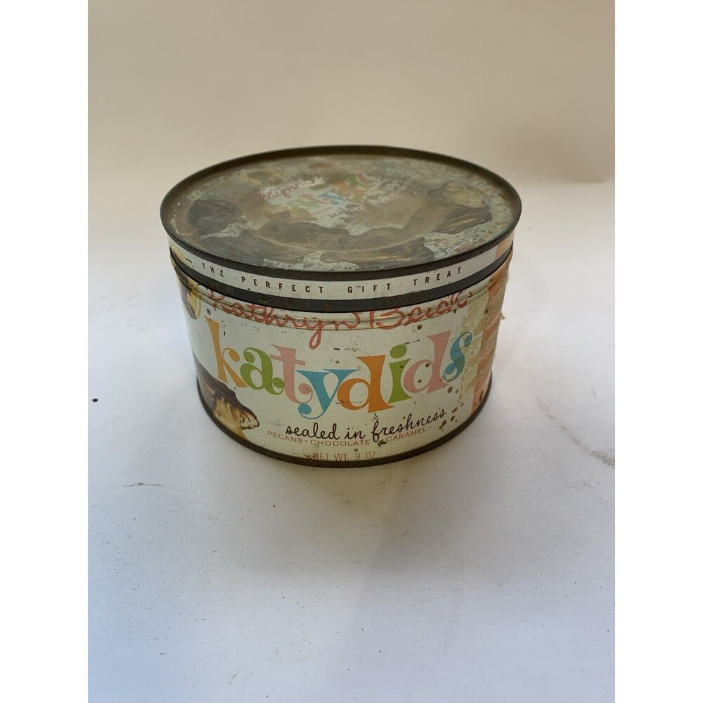 VTG Kathryn Beich Katydids Candy Metal Can Round 9 Ounces Bloomington,IL